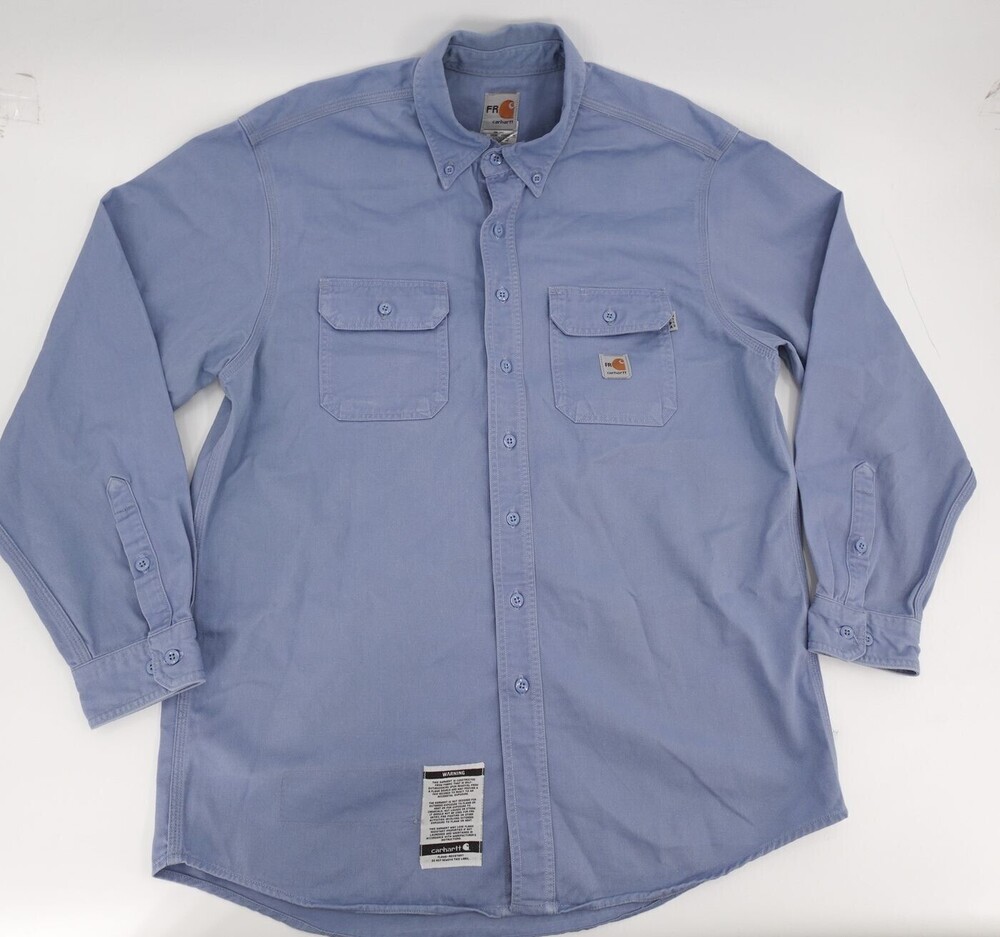 Carhartt FR Mens Large Blue Long Sleeve Work Button Down Shirt Flame Resistant